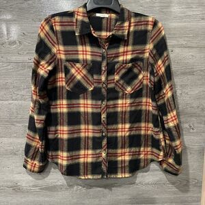 Maurices Long Sleeve Plaid Flannel Button Up Top Womens Size Med Black Red Tan